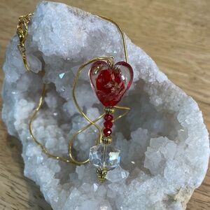 Red&Pink glitter glass heart & vintage crystals on gold plated necklace